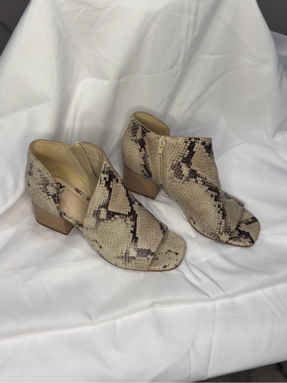 Fergalicious Beige Snake-Print Open-Toe Ankle Booties